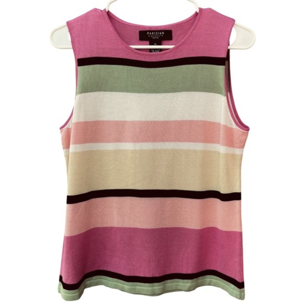 Parisian Signature Petite 100% Silk Striped Sleeveless Knit Top Pink Green PL - Picture 2 of 7